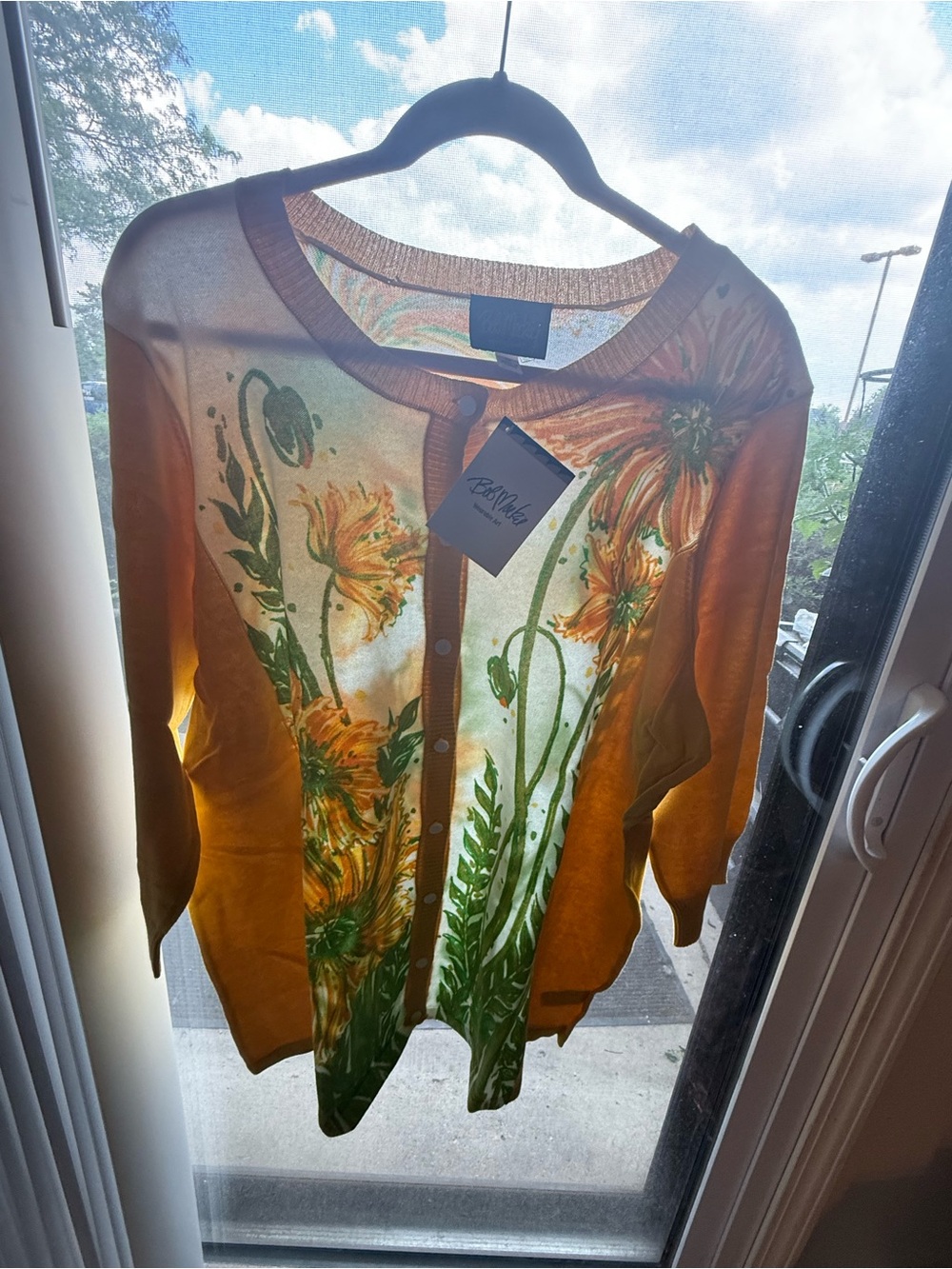 Bob Mackie Floral Print Yellow Green White lightweight Button Cardigan 2X